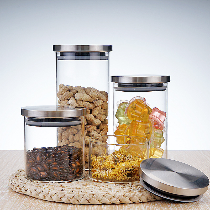 Custom Eco Friendly High Borosilicate Kitchen Food Storage Glass Jars in Bulk with Stainless Steel Lids