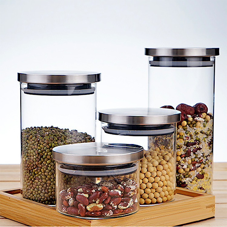 Custom Eco Friendly High Borosilicate Kitchen Food Storage Glass Jars in Bulk with Stainless Steel Lids