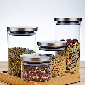 Custom Eco Friendly High Borosilicate Kitchen Food Storage Glass Jars in Bulk with Stainless Steel Lids