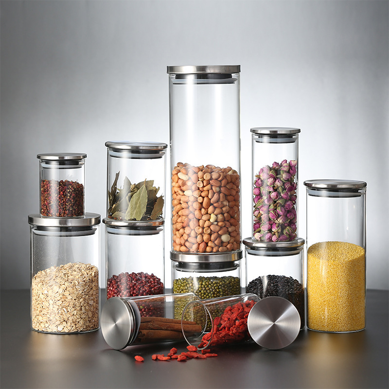 Custom Eco Friendly High Borosilicate Kitchen Food Storage Glass Jars in Bulk with Stainless Steel Lids