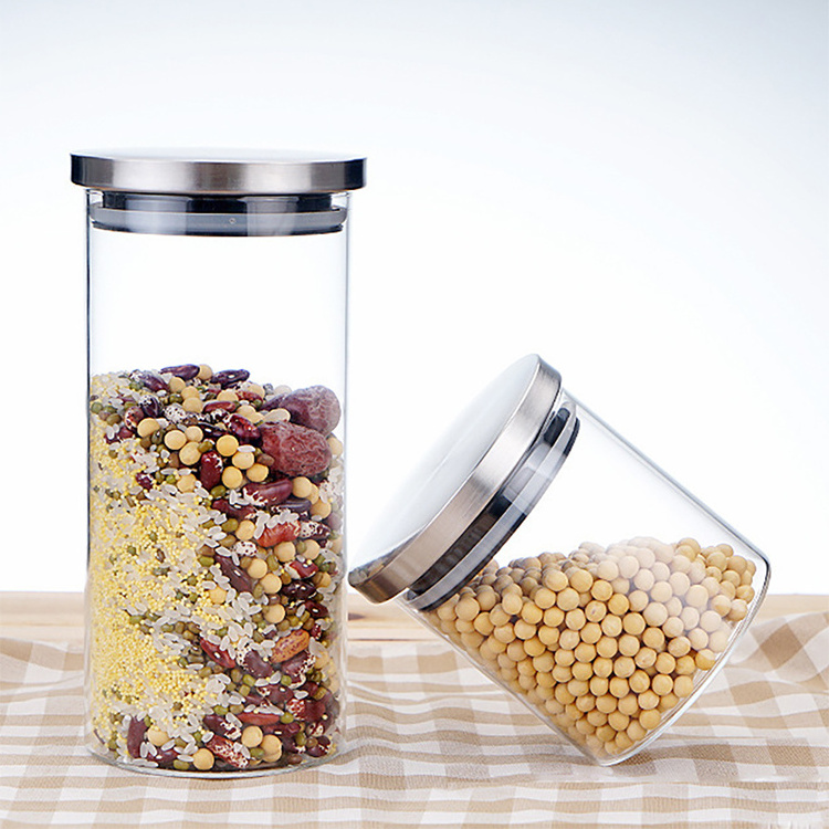 Custom Eco Friendly High Borosilicate Kitchen Food Storage Glass Jars in Bulk with Stainless Steel Lids