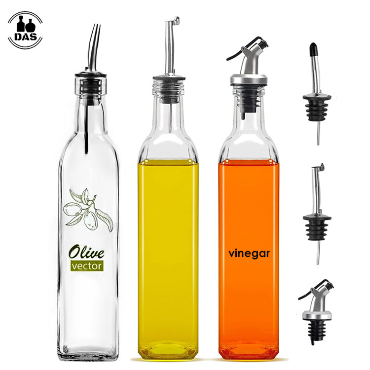 250ml 16 oz 500ml Empty Kitchen Square Vinegar Glass Cooking Olive Oil Bottle with Pourer Spout for Condiment Soy Sauce