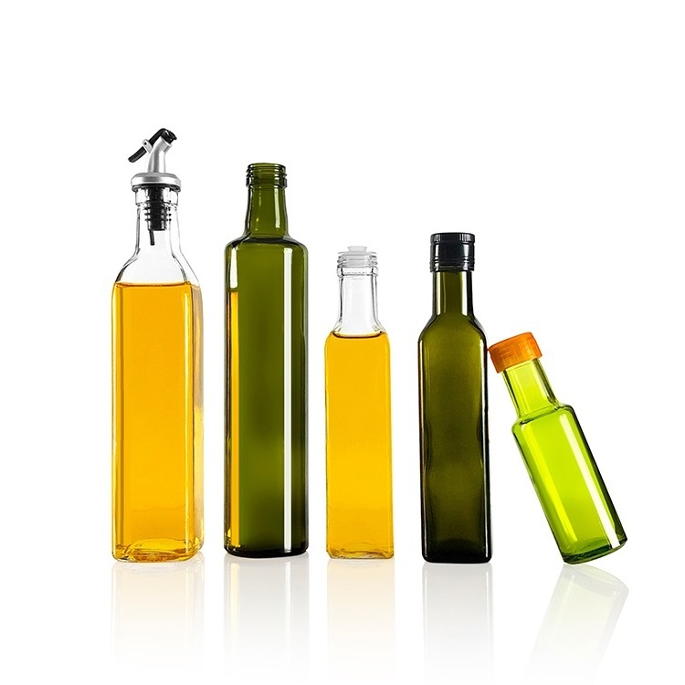 Kitchen Oil Bottle 100ml 200ml 500ml 750ml Green Square Round Marasca Edible Cooking Olive Oil Glass Bottle for Vinegar