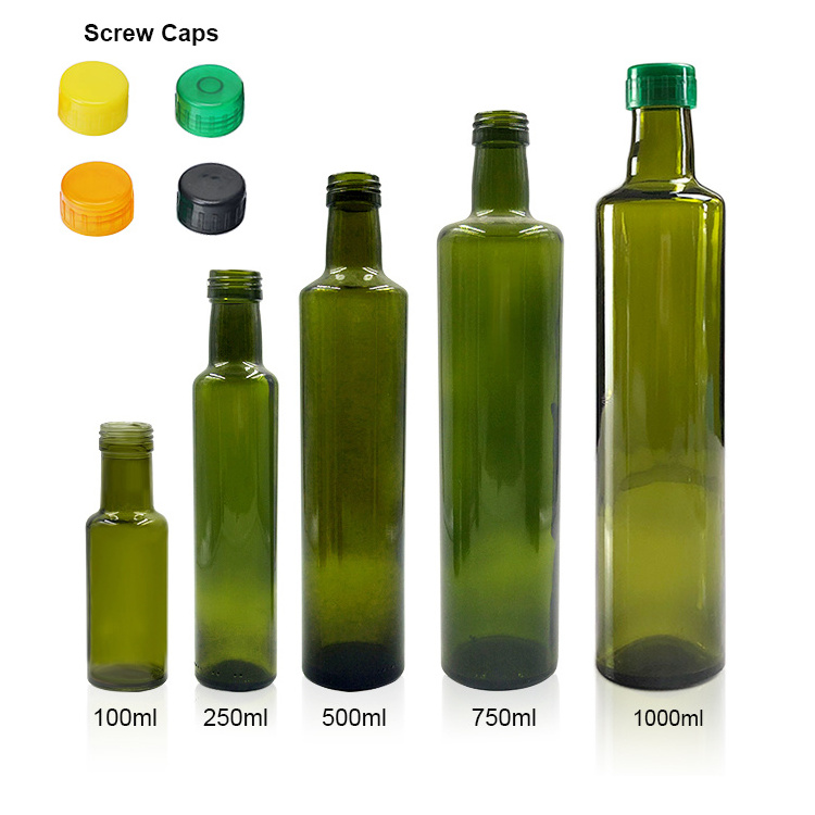 Kitchen Oil Bottle 100ml 200ml 500ml 750ml Green Square Round Marasca Edible Cooking Olive Oil Glass Bottle for Vinegar