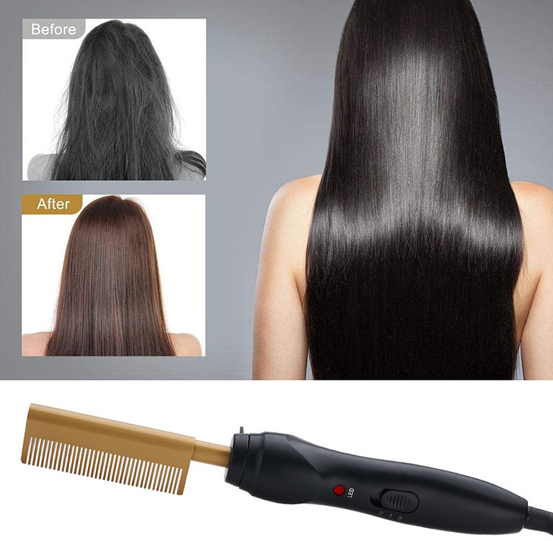 Factory Price Hot African High Heat Press Gold Ceramic Beard Mini Hair Curling Straightener Pressing Electric Brush Comb