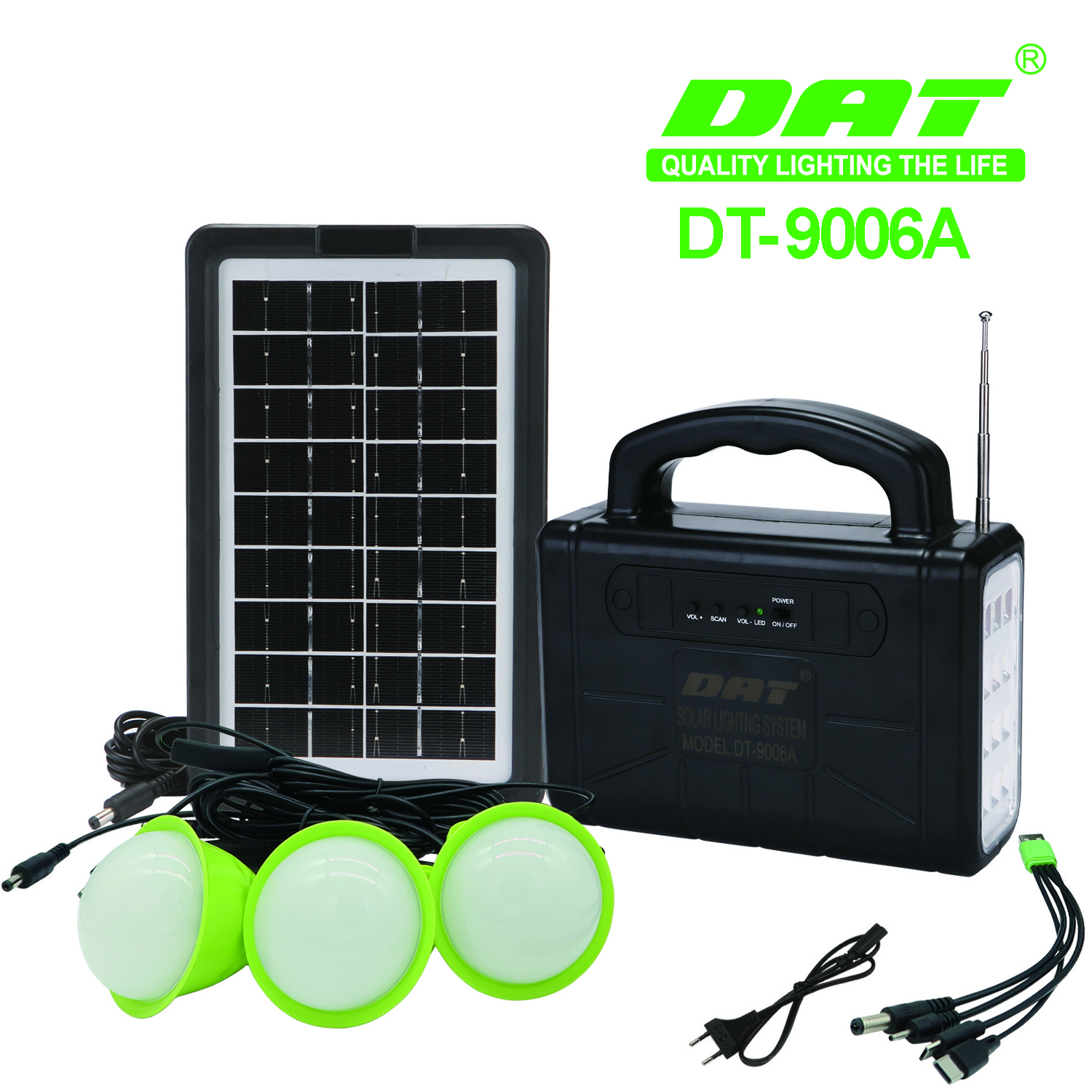 DT-9006A DAT rechargeable portable LED light bulb solar lighting system with FM function for home