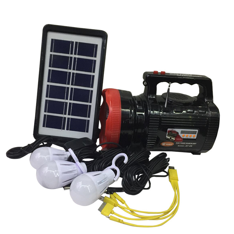 AT-X9 Portable solar lighting system with MP3 and radio  high power rechargeable  spotlight with USB function