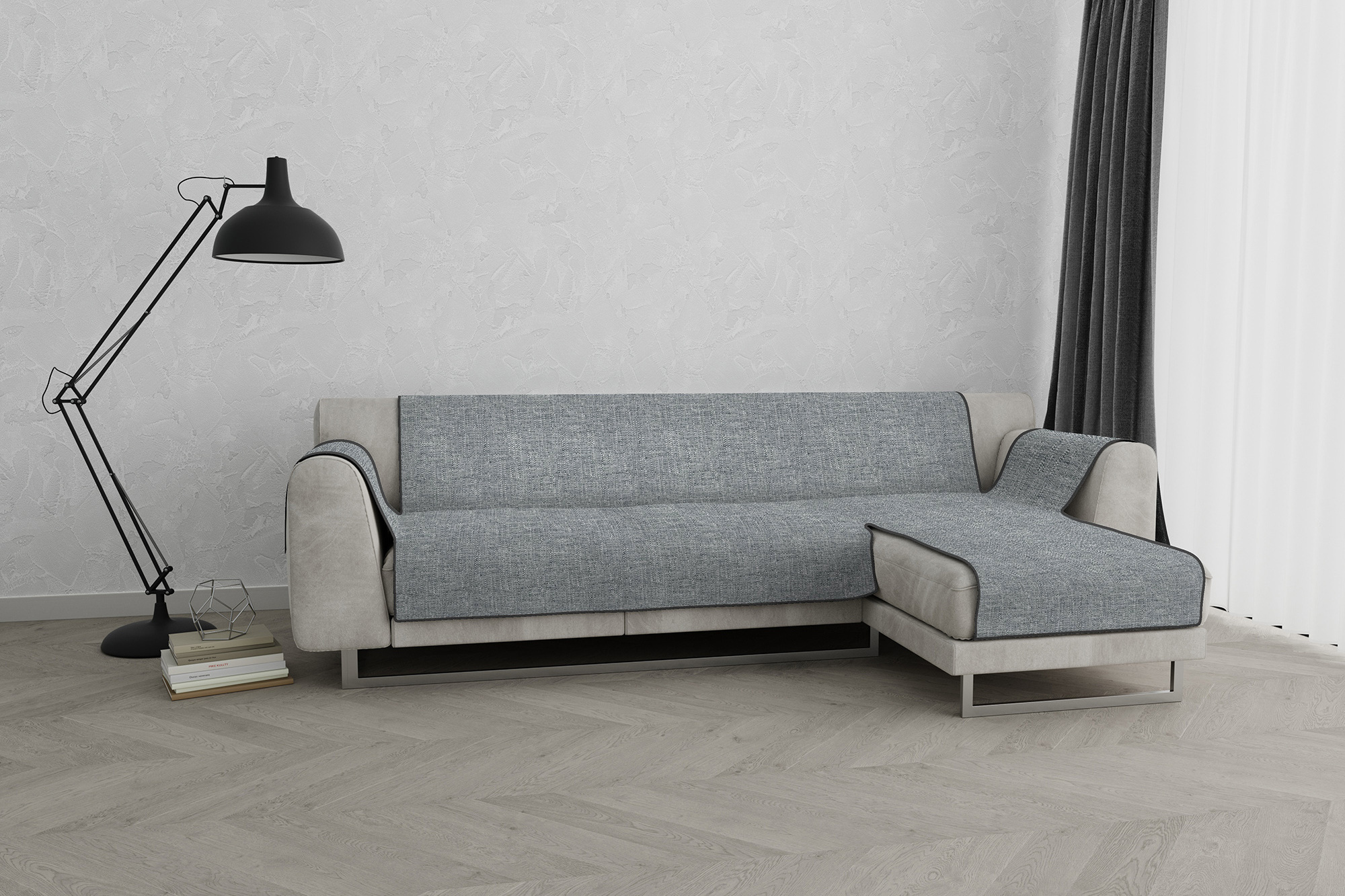 Made in Italy Comfort antislip Sofa Cover with chaiselongue on the right Suitable for all sofas Polyester Dark gray 190 cm