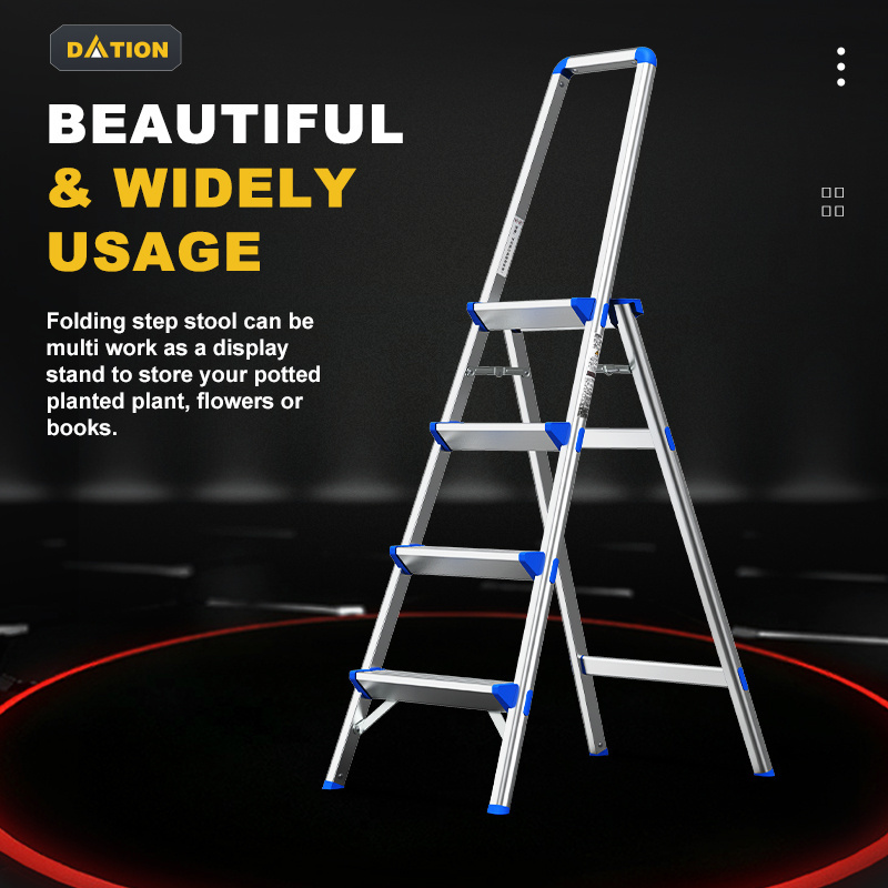 Factory Custom Aluminium Step Ladder With Long Handrail Foldable Non-slip Feet Stable and safety Step Ladder Silver Color