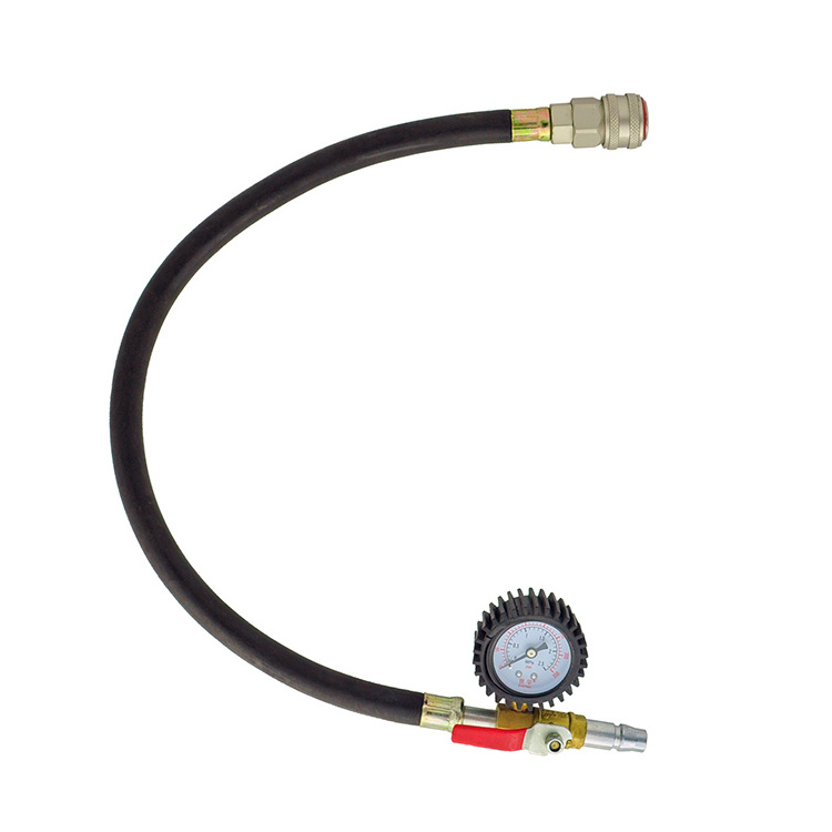 Tire inflator with pressure gauge air compressor fittings with hoses locked in air chucks and quick couplings