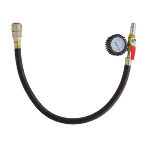 Tire inflator with pressure gauge air compressor fittings with hoses locked in air chucks and quick couplings