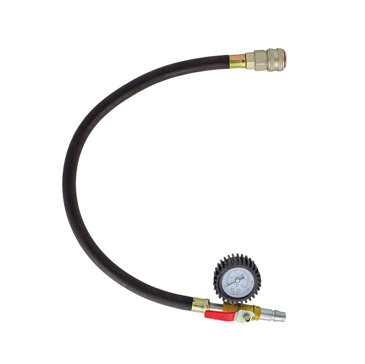 Tire inflator with pressure gauge air compressor fittings with hoses locked in air chucks and quick couplings