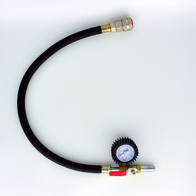 Tire inflator with pressure gauge air compressor fittings with hoses locked in air chucks and quick couplings