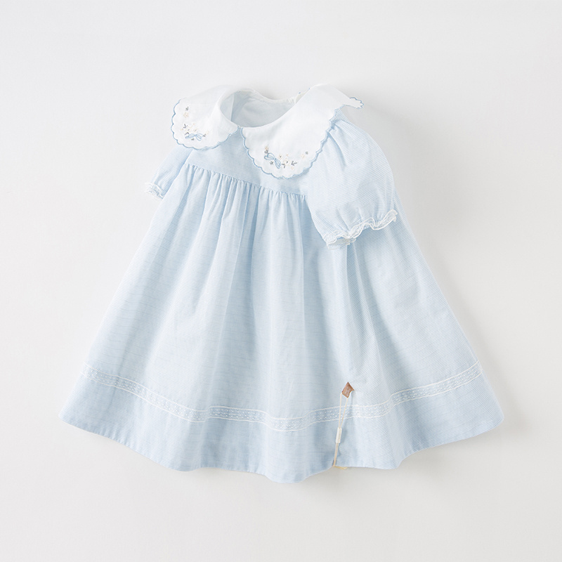 DB2238126 DAVE BELLA Summer Children Girls Embroidered Lapel Fashion Comfort Blue White Striped Cotton Princess Dress