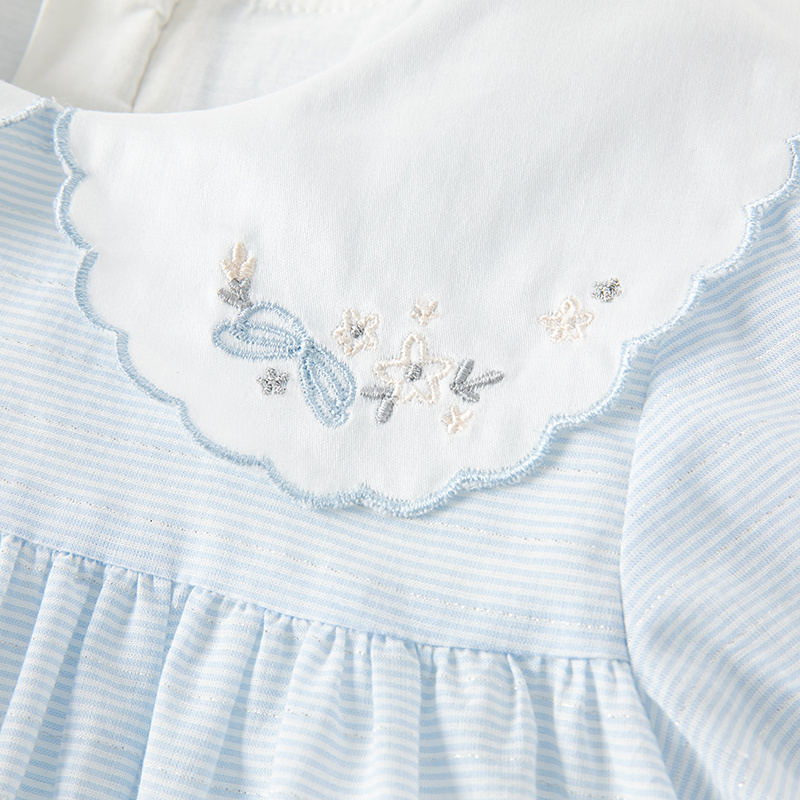 DB2238126 DAVE BELLA Summer Children Girls Embroidered Lapel Fashion Comfort Blue White Striped Cotton Princess Dress