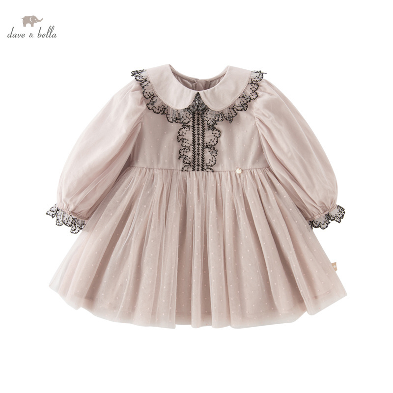 DB3223509 Dave Bella  Autumn Spring Girls Print Mesh Dress Long Sleeve Fashion Round Neck Ruffle Loose Princess Party Kids Dress