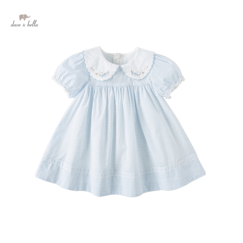 DB2238126 DAVE BELLA Summer Children Girls Embroidered Lapel Fashion Comfort Blue White Striped Cotton Princess Dress