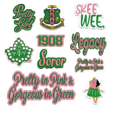 Stock AKA Sorority Embroidery SKEE WEE SOROR LEGACY  Lady Ivy 1908  SHIELD PRETTY GIRL PRETTY IN PINK  Iron On Patches