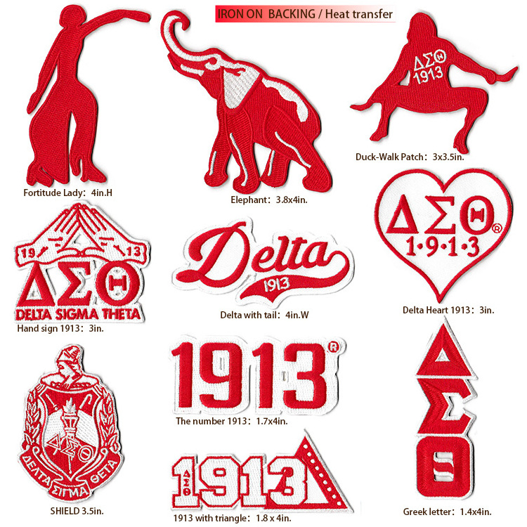 Custom wholesale Stock delta sigma theta sorority Fortitude Lady 1913 with triangle Elephant SHIELD embroidery iron on patches