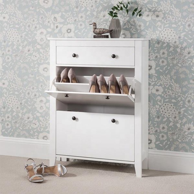 White Wooden  Flip Down Shoe Rack Organizer Modern Free Standing Shoe Cupboard Storage Cabinet For Home Entryway