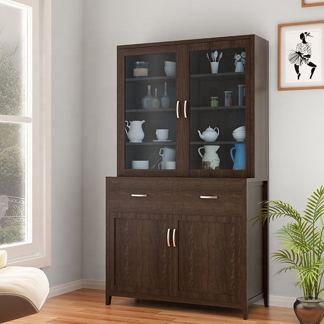 Chinese Traditional Kitchen Pantry Storage Cabinet Tall Wooden Sideboards Buffet Cabinets With Glass Doors and Shelves