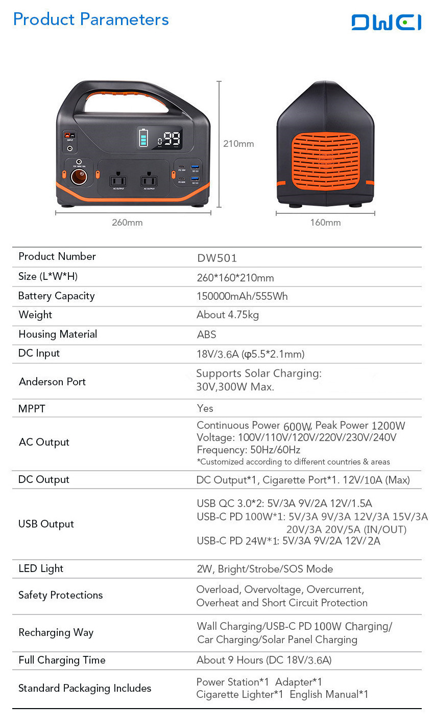 Rechargeable 150000mAh 555Wh lithium ion battery storage 500w portable solar power station generator with foldable solar panel