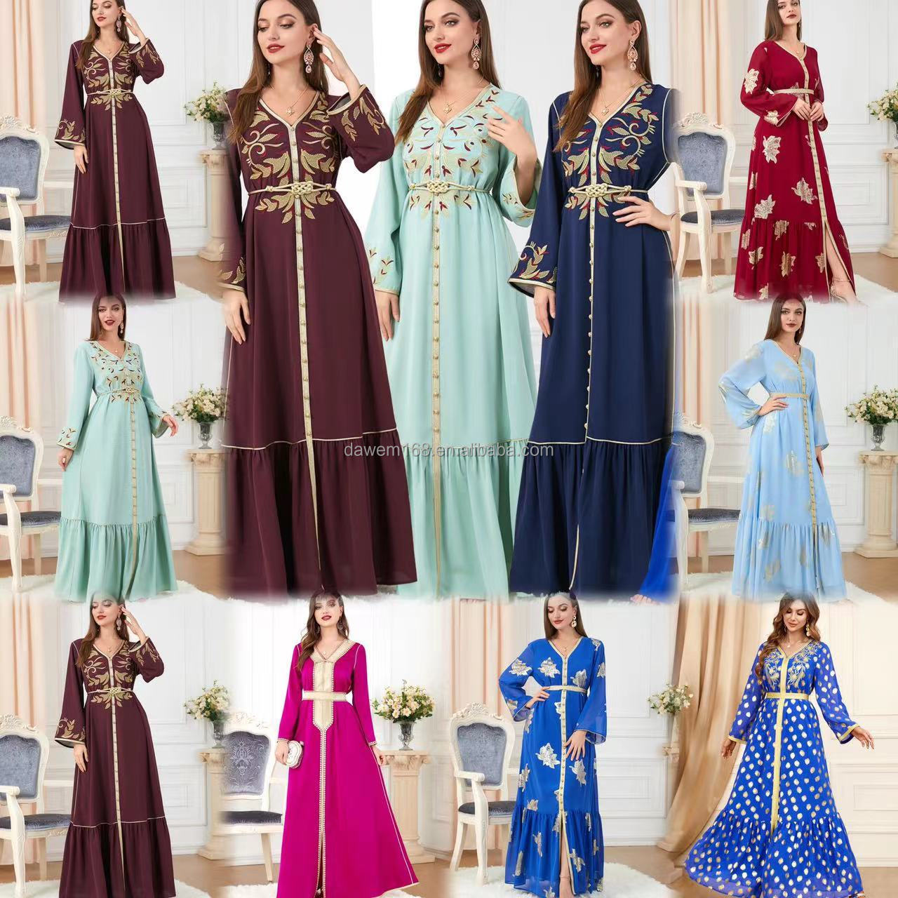 Wholesale 2024 vintage style Arabian maxi dress party long sleeve hot gold embroidered dress Middle Eastern women's dress