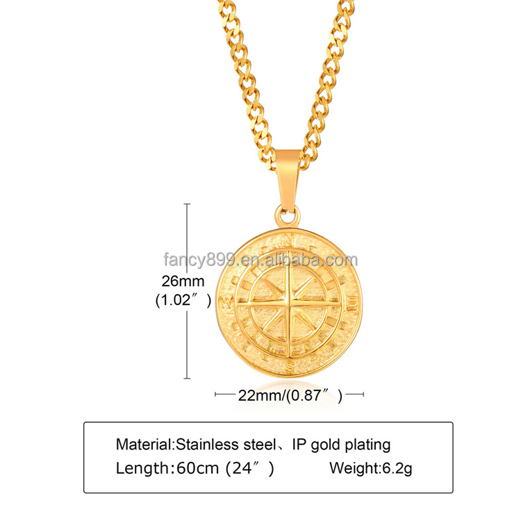 Stainless steel hip hop 18K Gold mens compass pendant jewellery men's necklace with pendant