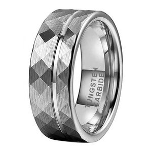 8mm Hammered Tungsten Ring Brushed Silver Wedding Band for Men With Offset Thin Groove Flat Edges Comfort Fit