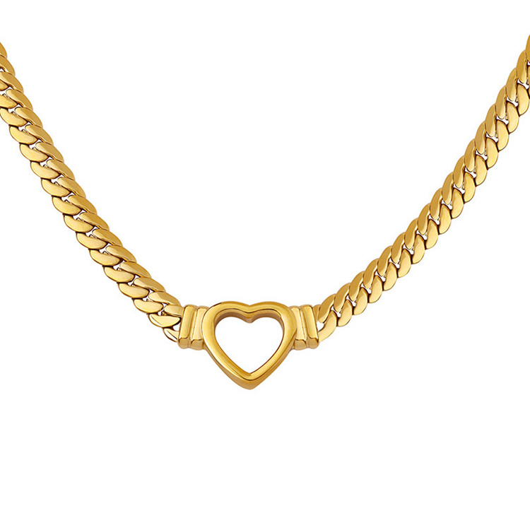 Jewelry 18K Gold Plated Heart Shape Stainless Steel Cuban Link Gold 14K Real Gold Love Heart Pendant Necklace