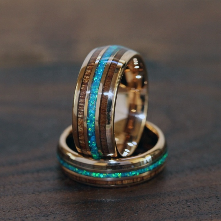 Classical Match His and Hers Couples Promise Rings Crushed Opal Koa Wood Tungsten Ring