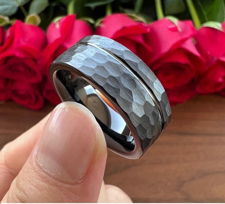 Hammered finish wedding bands faceted tungsten carbide black ring 8mm and 6mm