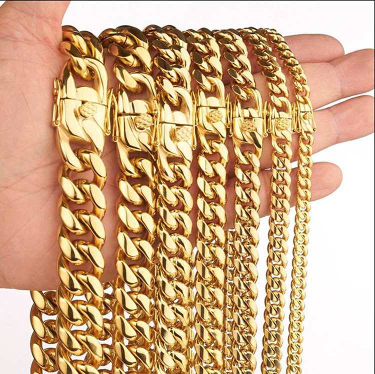 Waterproof hip hop choker jewelry women stainless steel gold filled Miami cuban link dog chain gold plated chain necklace men