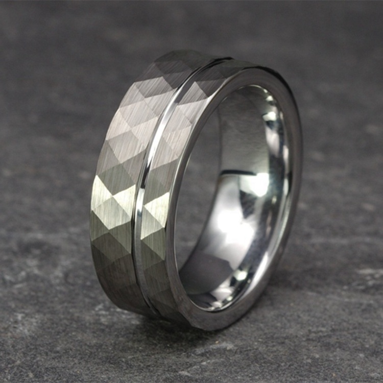 8mm Hammered Tungsten Ring Brushed Silver Wedding Band for Men With Offset Thin Groove Flat Edges Comfort Fit