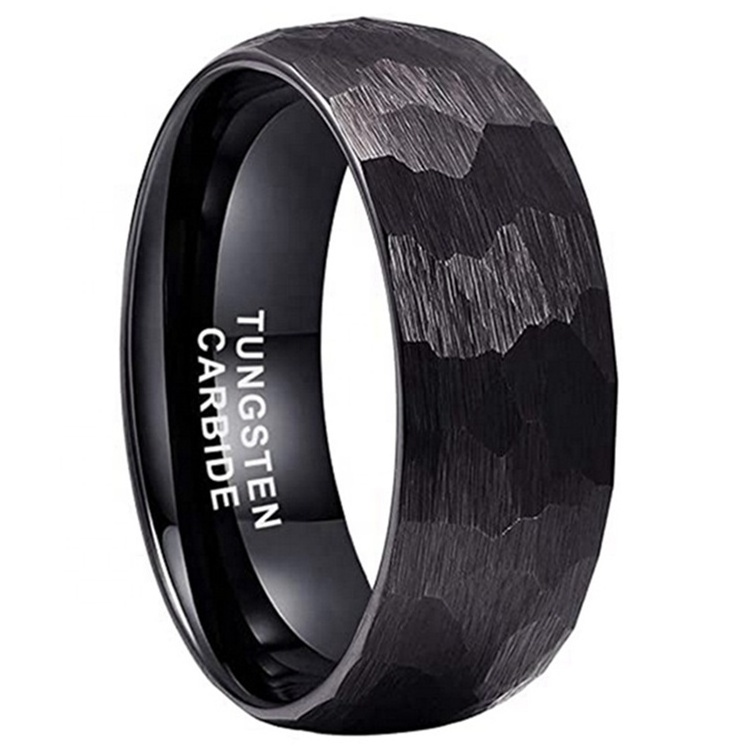 8mm Hammered Tungsten Ring Brushed Silver Wedding Band for Men With Offset Thin Groove Flat Edges Comfort Fit