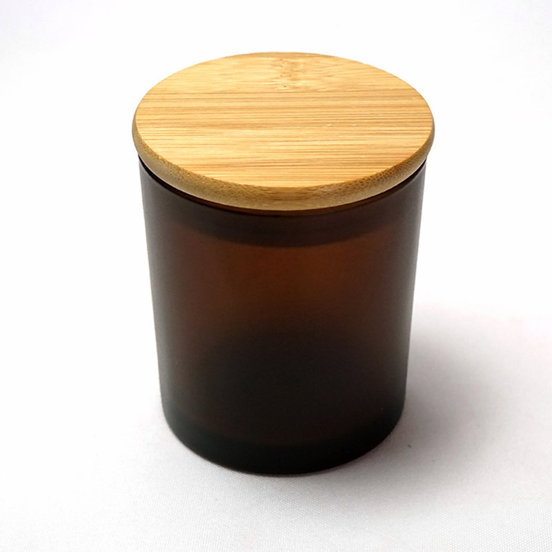 wholesale 10oz 300ml frosted amber brown candle vessels empty glass candle jars candle holders with bamboo lid