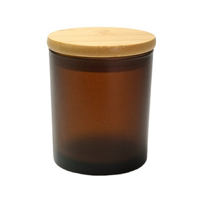 wholesale 10oz 300ml frosted amber brown candle vessels empty glass candle jars candle holders with bamboo lid