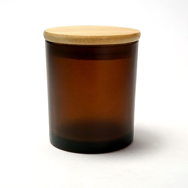 wholesale 10oz 300ml frosted amber brown candle vessels empty glass candle jars candle holders with bamboo lid