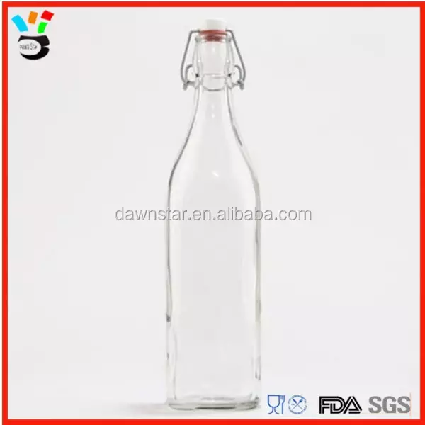 Hot sale 250ml 1000ml Leak Proof Swing Top clear juice water wine square glass bottle with clamp stoppers