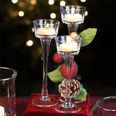 Elegant Clear Stemmed Glass Candle Holders Candlesticks Soda Lime Glass Set of 3