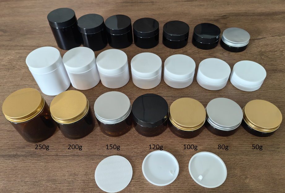 Cosmetic food packaging 50ml 80ml 100ml 120ml 150ml 200ml 250ml  amber black pet plastic cosmetic cream jar with white black lid