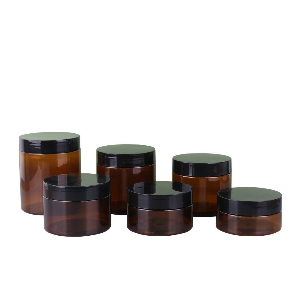 Cosmetic food packaging 50ml 80ml 100ml 120ml 150ml 200ml 250ml  amber black pet plastic cosmetic cream jar with white black lid