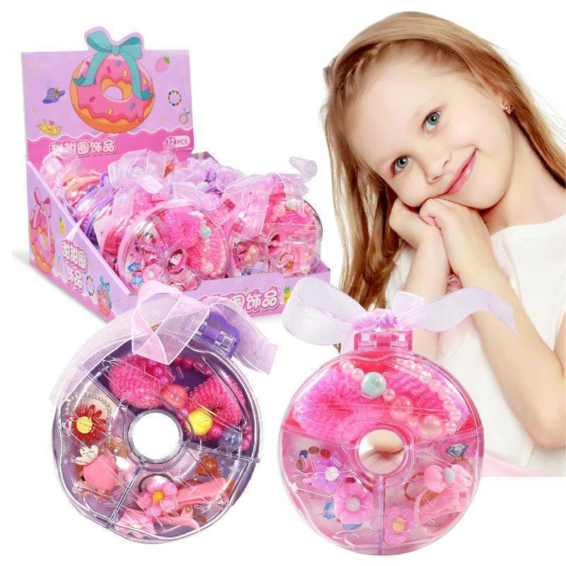 Hot selling new candy toys kids girl's play house princess simulation jewelry box set toy doughnut jewelry box toy with candy