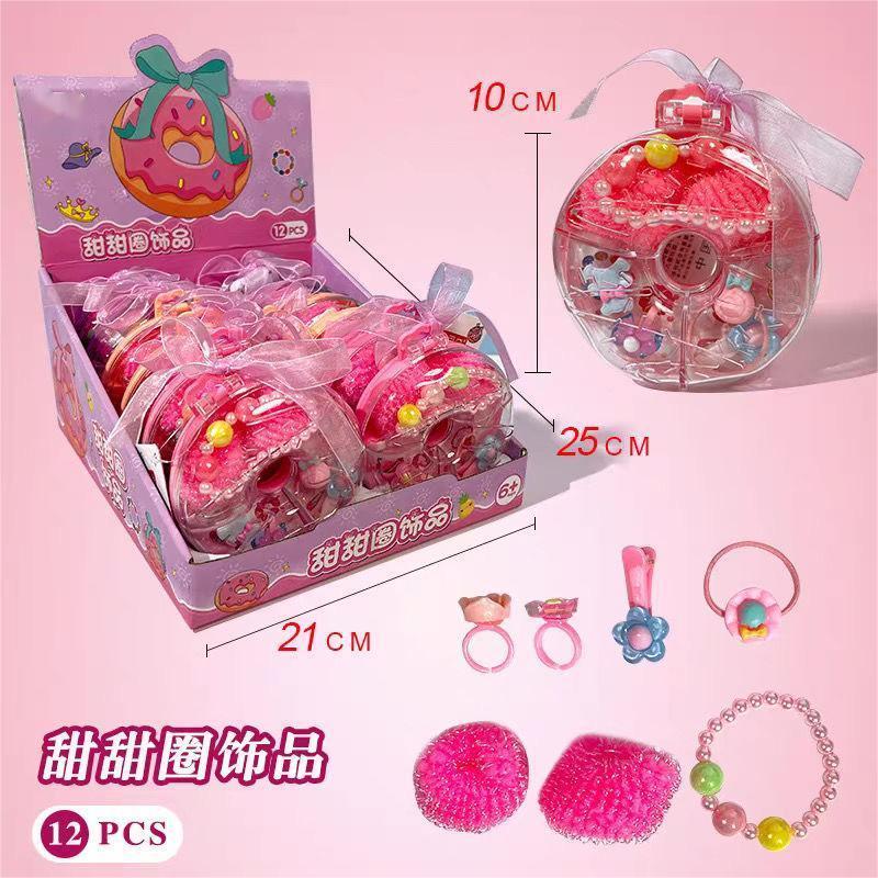 Hot selling new candy toys kids girl's play house princess simulation jewelry box set toy doughnut jewelry box toy with candy