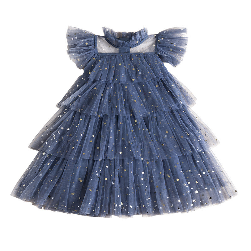 Korean Summer Kids Princess Girls Dress Chiffon Cake Layers Children's Outfit Sparkling Gauze Dresses Summer