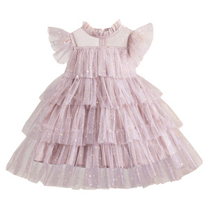 Korean Summer Kids Princess Girls Dress Chiffon Cake Layers Children's Outfit Sparkling Gauze Dresses Summer