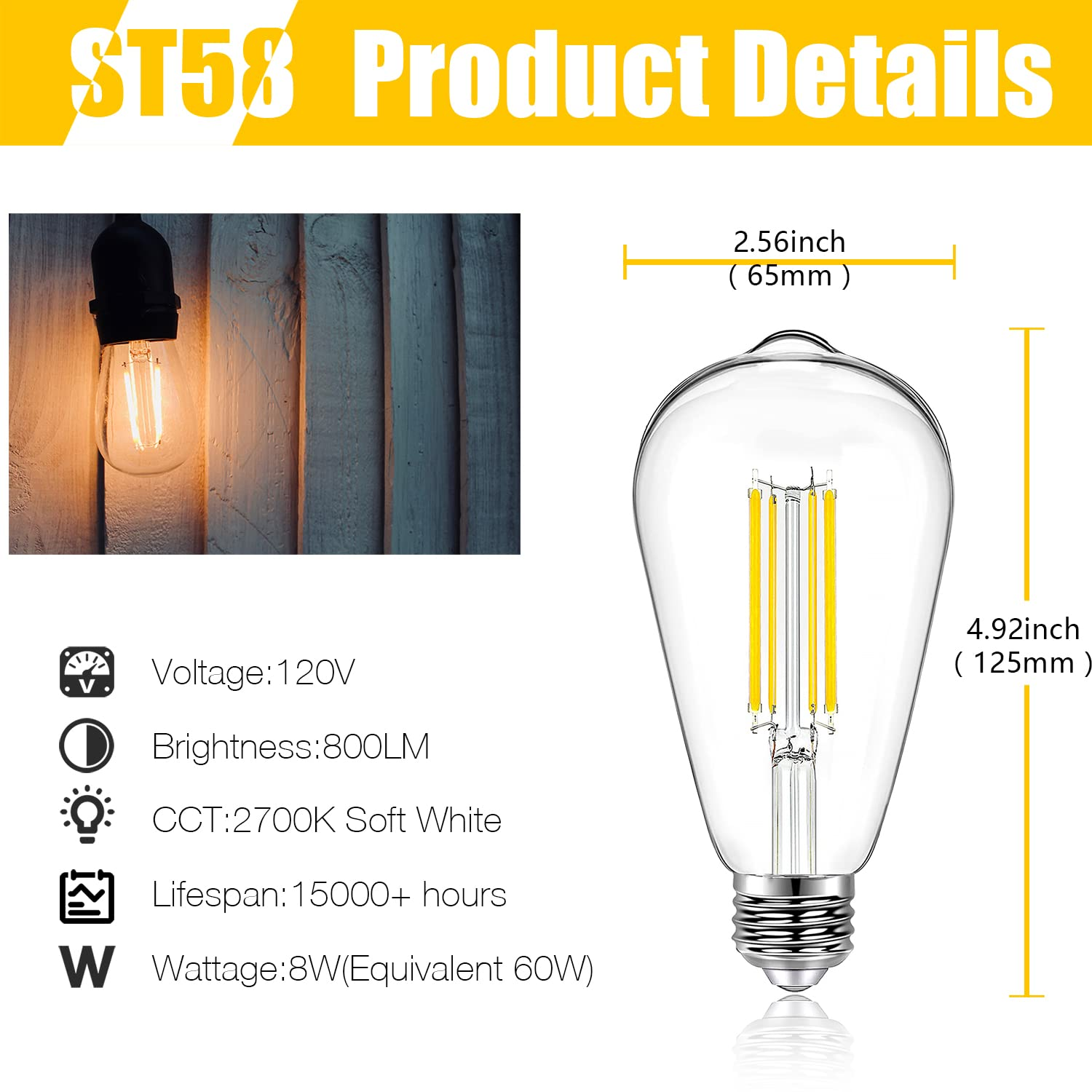 8W ST19 58 Base E26 Amber Warm White Dimmable LED Lamp Electric Vintage Antique Christmas LED Filament Edison Bulbs