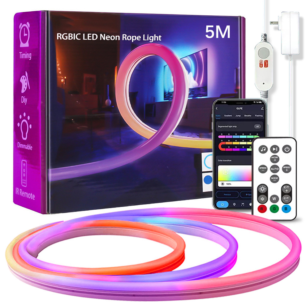 16.4ft 5m IP67 Waterproof RGB IC Addressable Remote Google Alexa Voice Tuya Smart Wifi Control LED Neon Flex Rope Strip Lights