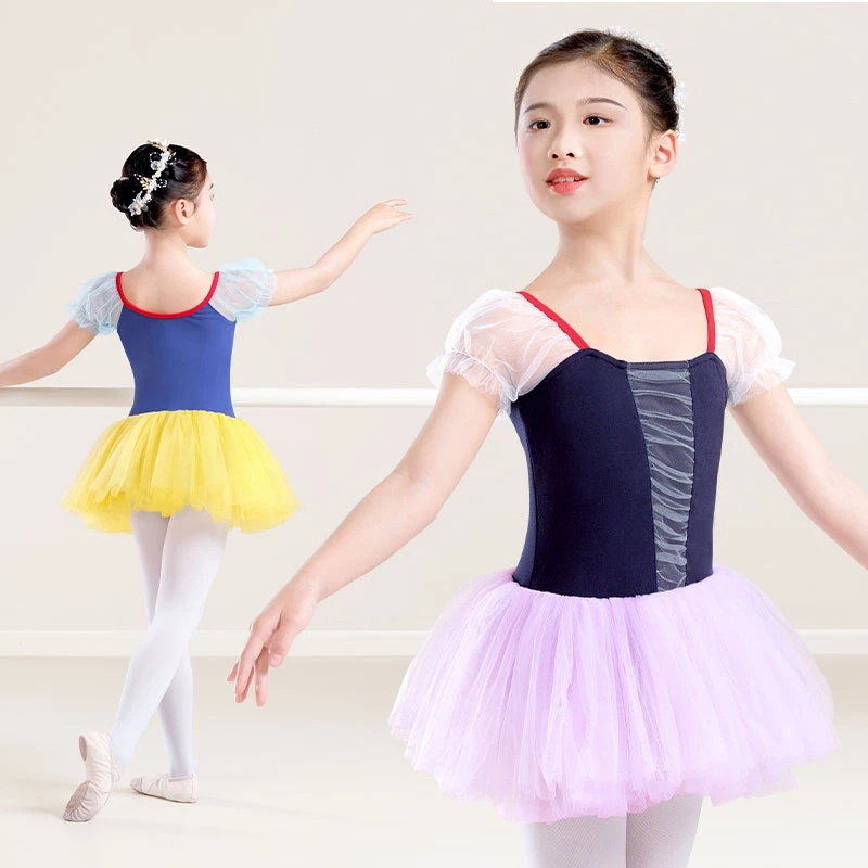 Girls Puffy Sleeves Ballet Tutu Dress Kids Dance Princess Dress Children Leotards with Four Layers Skirts