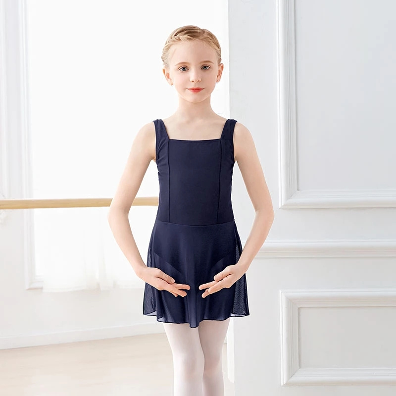 Girls Dance Skirted Leotards Children Cotton Wide Shoulder Square Neck Sleeveless Ballet Dress